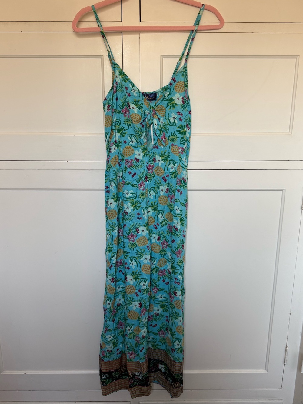 FRANCESCA’S Tropical Pineapple Print Aqua Jumpsuit